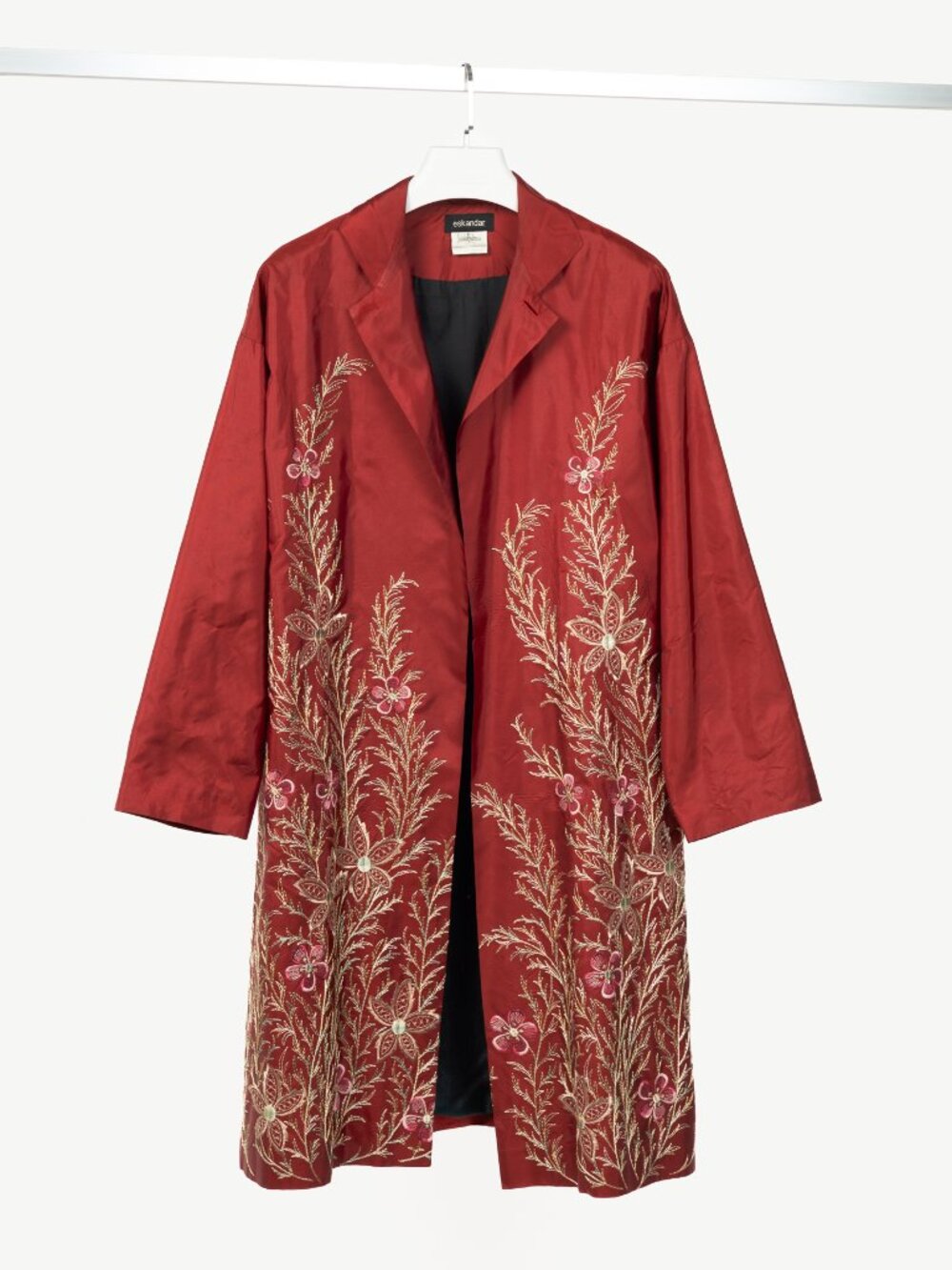 eskandar Red Silk Taffeta Floral-Embroidered Topper Coat